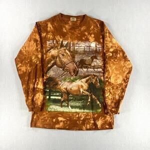 Vintage 90s Perrin Horse‎ Tie Dye Long Sleeve Graphic Orange/Brown Mens Size M